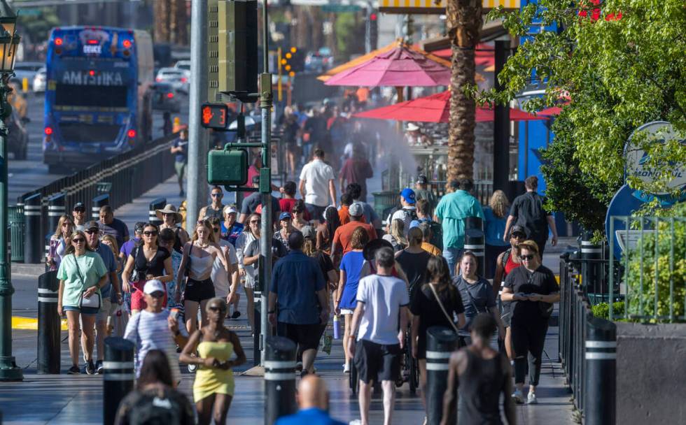 Visitors take to the Las Vegas Strip as Labor Day weekend approaches on Wednesday, Aug. 31, 202 ...