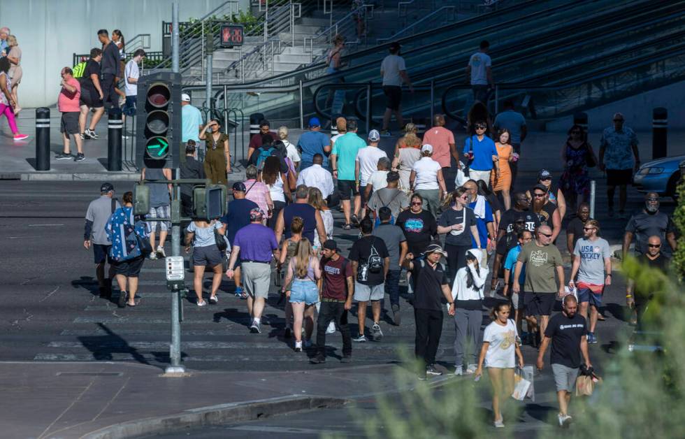 Visitors take to the Las Vegas Strip as Labor Day weekend approaches on Wednesday, Aug. 31, 202 ...