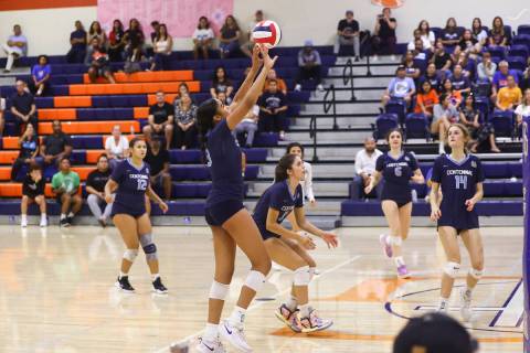 Centennial's Charlece Ohiaeri (3) sends the ball over during a volleyball game at Bishop Gorman ...