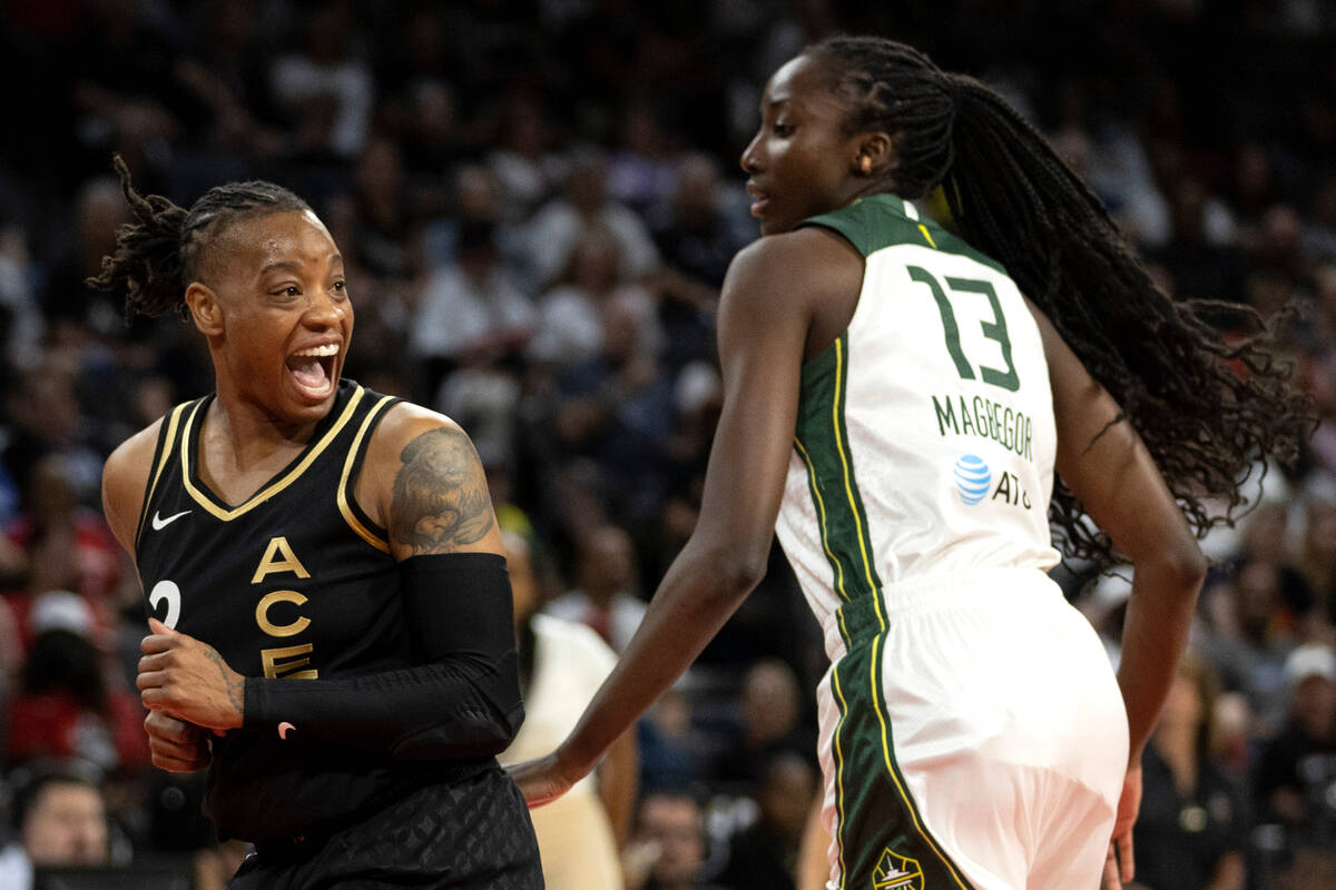 Las Vegas Aces guard Riquna Williams (2) reacts positively to a referee calling Seattle Storm c ...