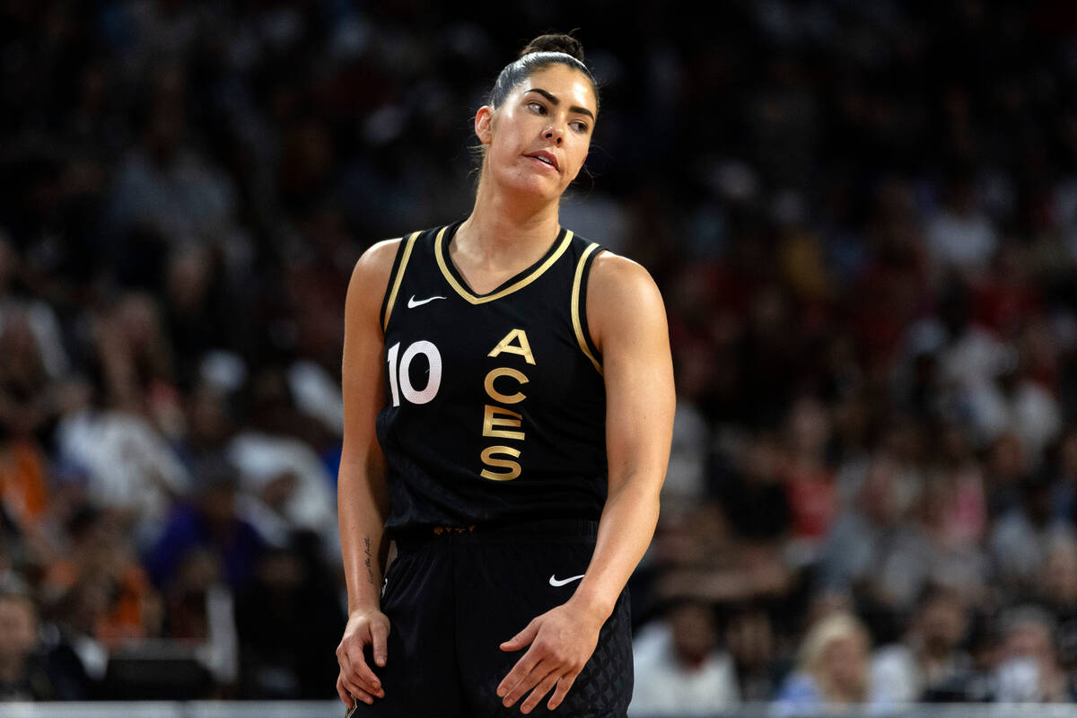 Las Vegas Aces guard Kelsey Plum (10) reacts after missing a free throw during the first half i ...