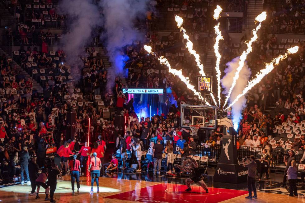 Las Vegas Aces guard Kelsey Plum (10) is introduced to the crowd before the first half of their ...