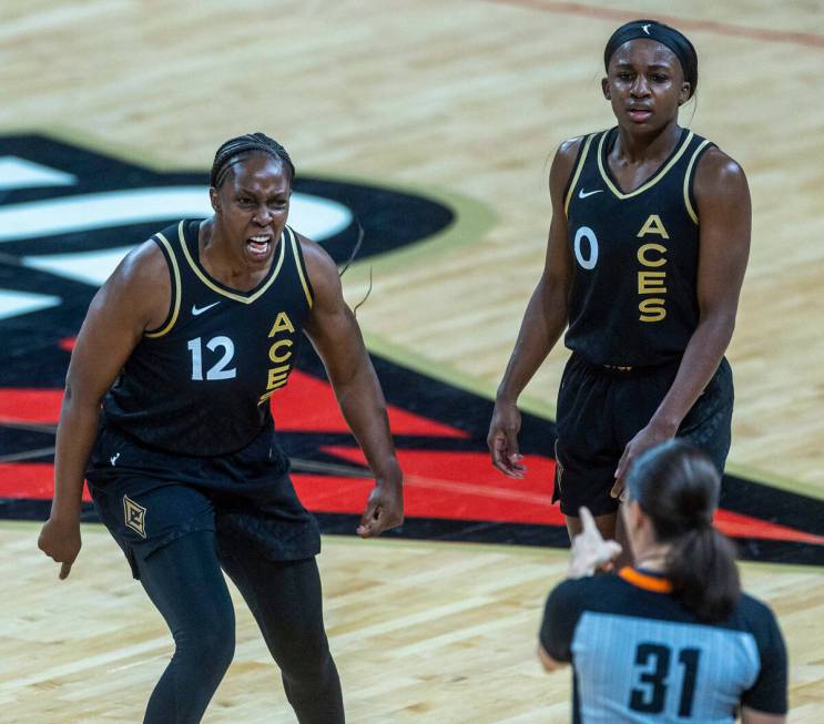 Las Vegas Aces guard Chelsea Gray (12) argue with a referee and receives a technical foul as te ...