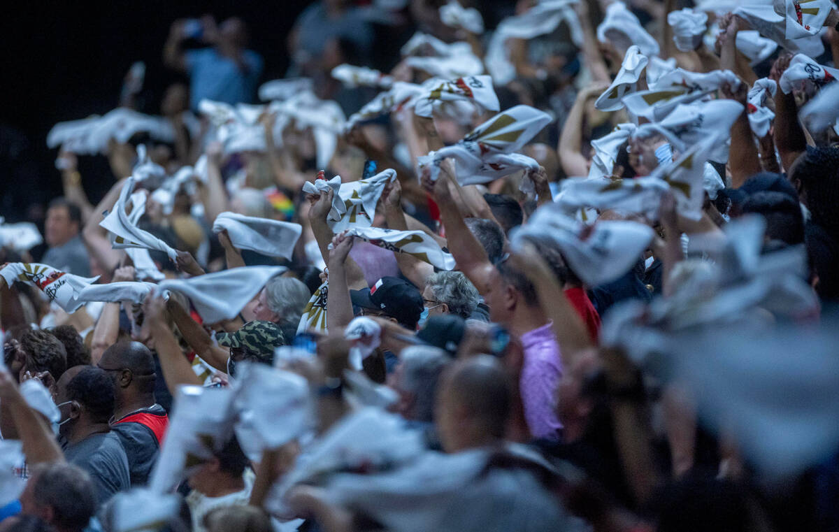 Las Vegas Aces fans wave their towels during the first half of their WNBA semifinals game 2 ver ...