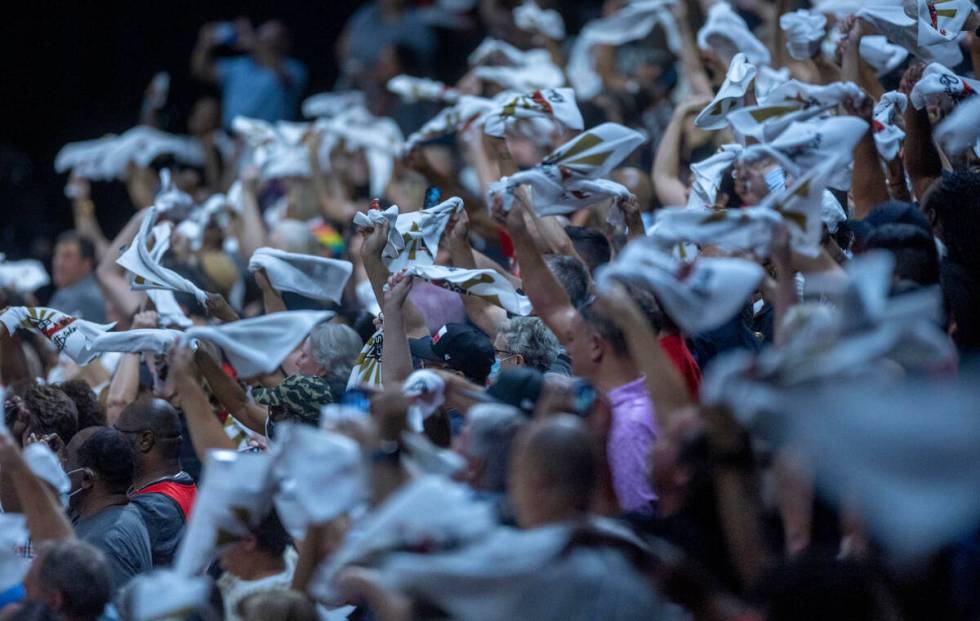 Las Vegas Aces fans wave their towels during the first half of their WNBA semifinals game 2 ver ...