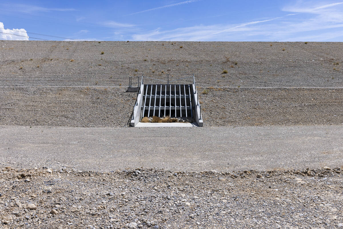 Flood control base at Coyote Springs water detention basin is seen on Wednesday, Aug. 10, 2022, ...