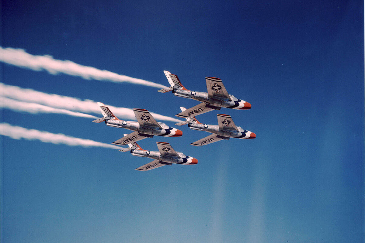 F-84F Thunderstreak, modified to include smoke tanks and red, white and blue drag chutes in the ...