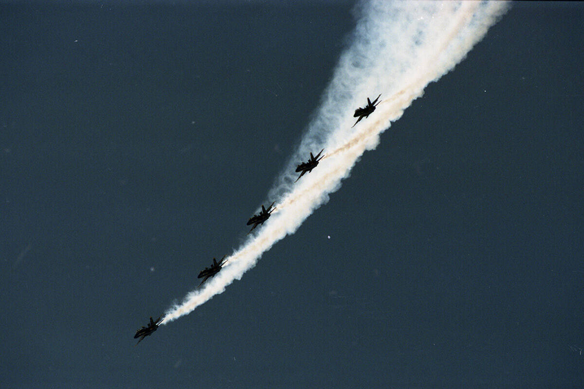 The Blue Angels flying during a joint practice with the Air Force Thunderbirds on Oct. 7, 1997 ...