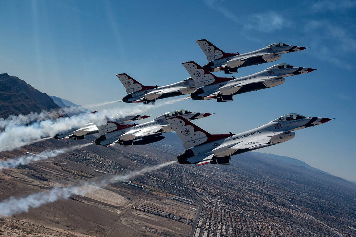 The United States Air Force Air Demonstration Squadron "Thunderbirds" perform over Nellis Air F ...