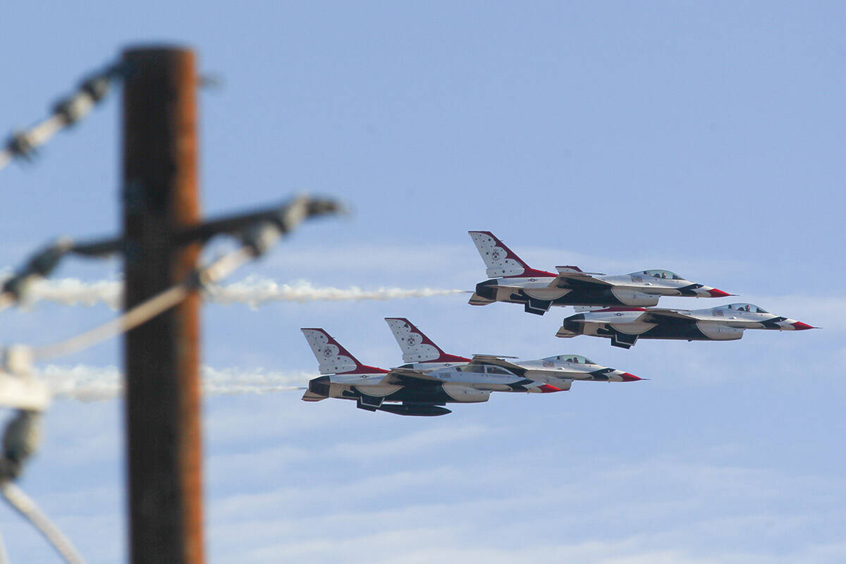 United States Air Force Thunderbirds fly in formation around Nellis Air Force Base in Las Vegas ...