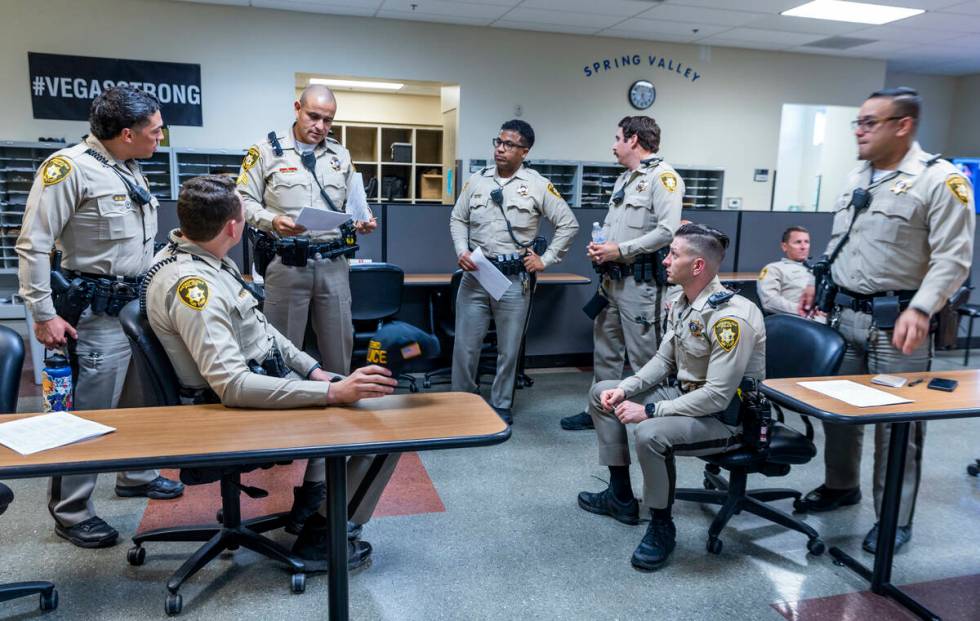 Metro Officers gather for a briefing prior to their DUI Blitz on Saturday, April 16, 2022, in L ...
