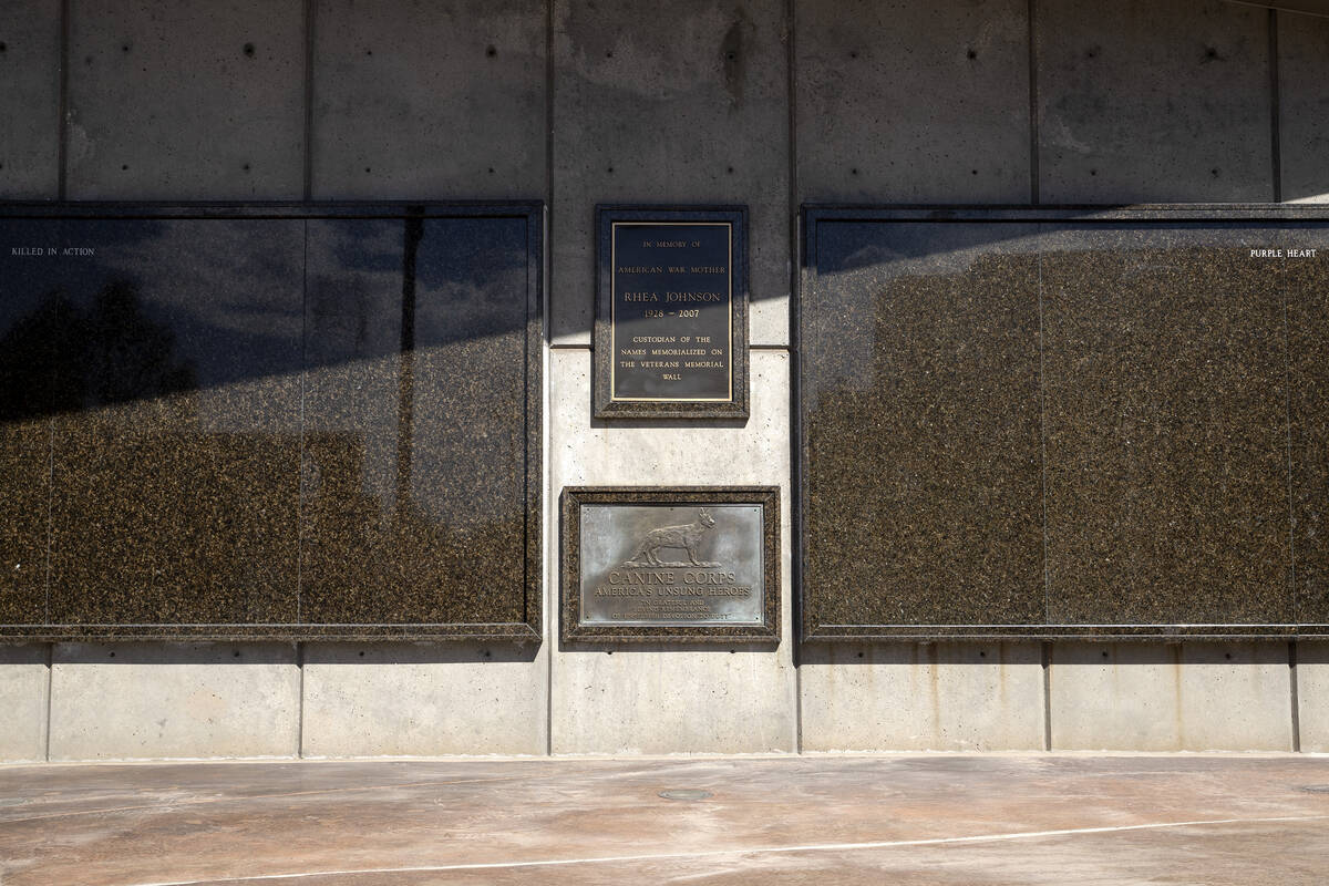 The Veterans Memorial Wall at Henderson City Hall on Friday, Aug. 26, 2022, in Henderson. Veter ...
