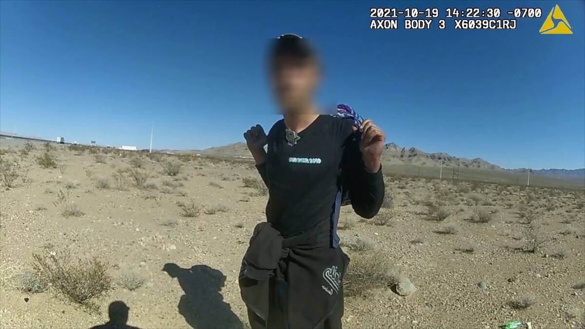 Conner Jack Oswalt, 17, is confronted by Nevada State Police on Interstate 15 near Goodsprings ...
