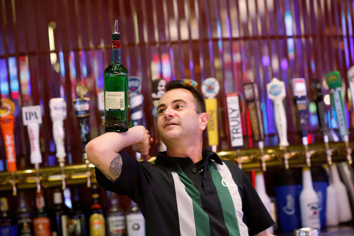 Flair bartender Vache Manoukian shows his skills, Friday, Sept. 2, 2022, at Circa’s Mega ...