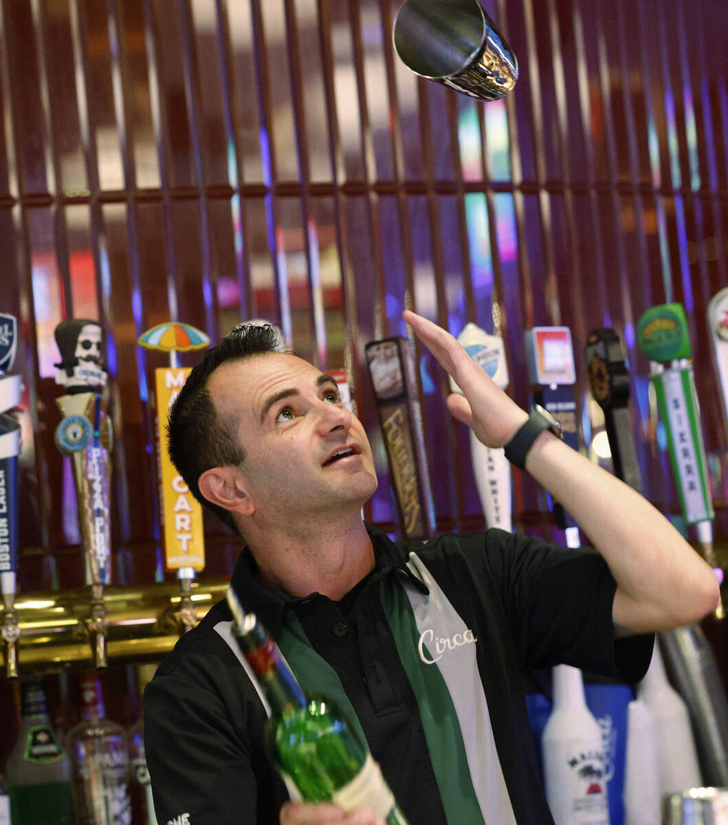 Flair bartender Vache Manoukian shows his skills, Friday, Sept. 2, 2022, at Circa’s Mega ...