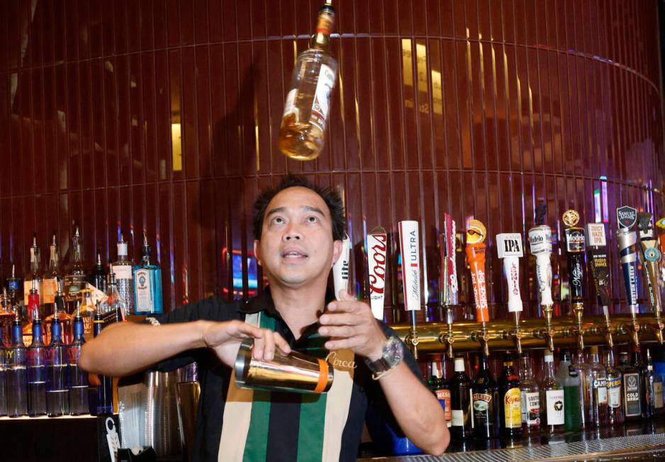 Flair bartender Spyder Rigor shows his skills, Friday, Sept. 2, 2022, at Circa’s Mega Ba ...