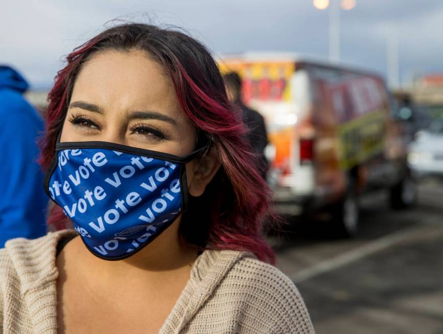 Maria Nieto Orta with Mi Familia Vota speaks before a car parade down the Las Vegas Strip to ce ...