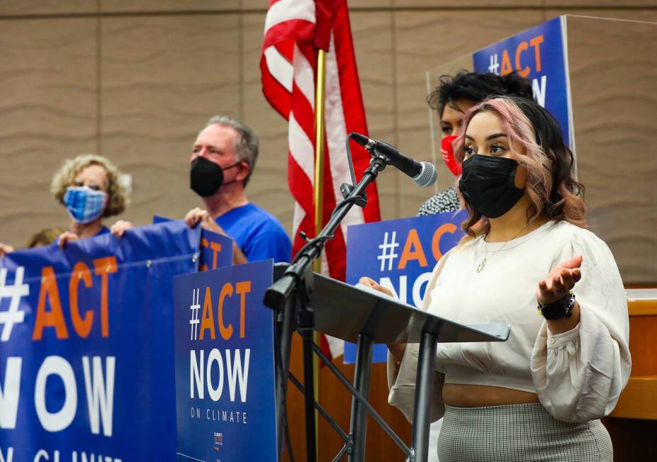 Maria Nieto Orta, Nevada state coordinator for Mi Familia Vota, addresses the media at an event ...