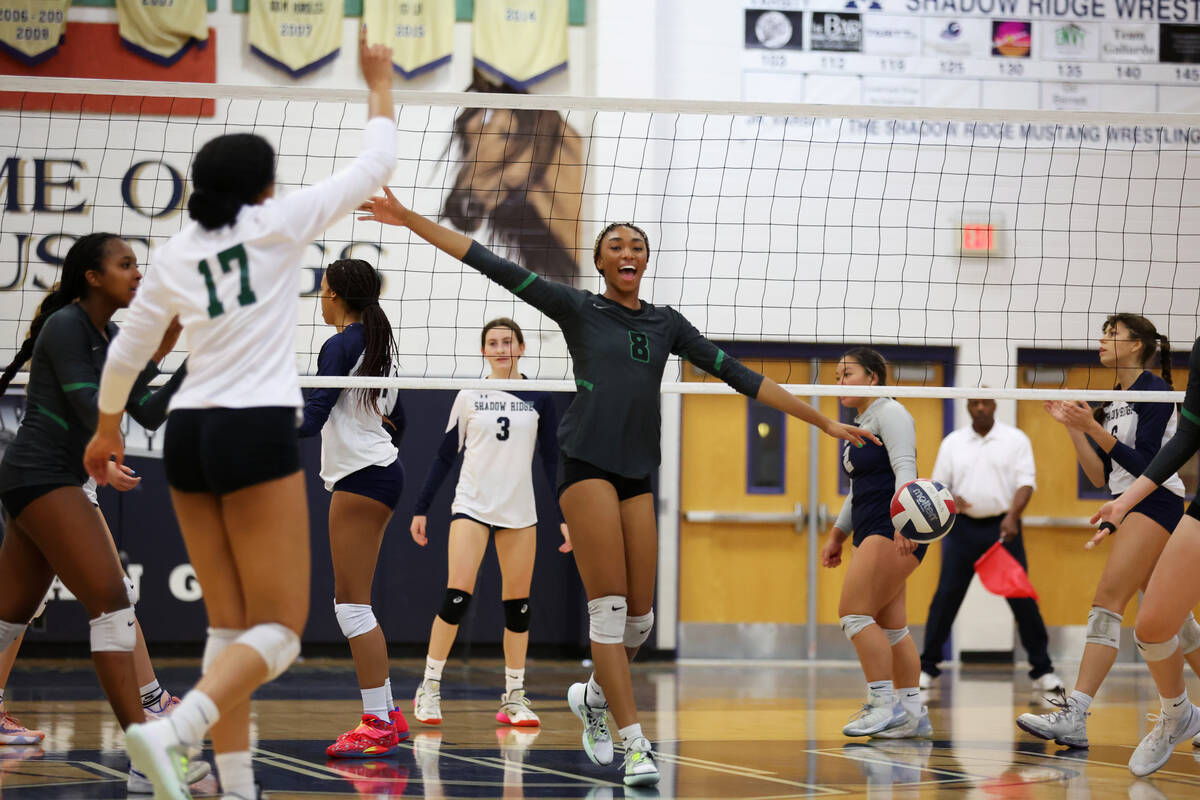Palo Verde's (8) Naomi White reacts after a play against Shadow Ridge during a girl's volleybal ...
