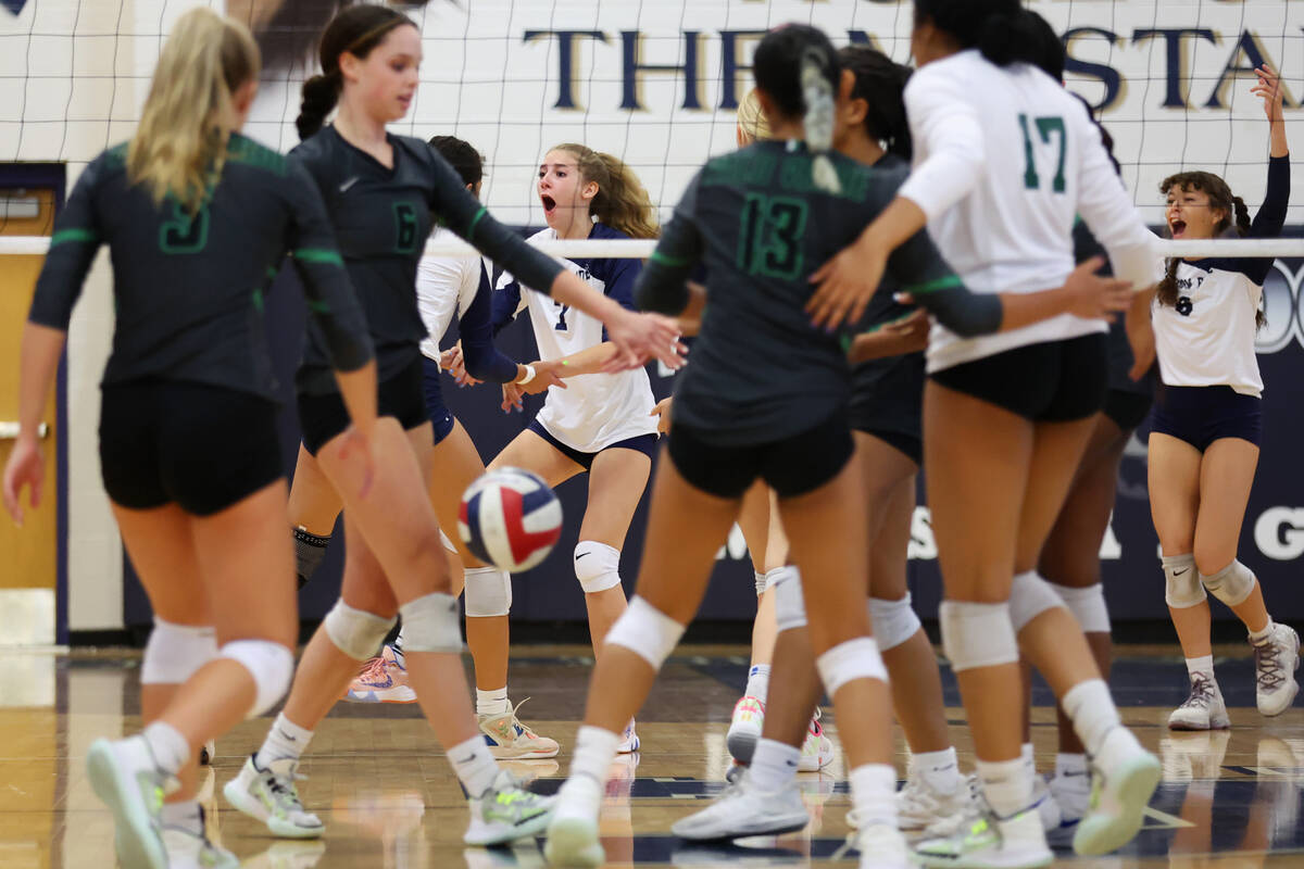 Shadow Ridge's Madi Miller (7) reacts after a play against Palo Verse during a girl's volleybal ...