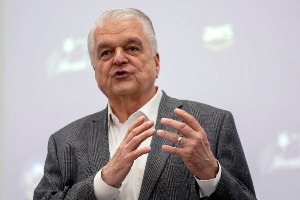 Gov. Steve Sisolak speaks during a news conference on April 6, 2022, in Las Vegas. (Ellen Schmi ...