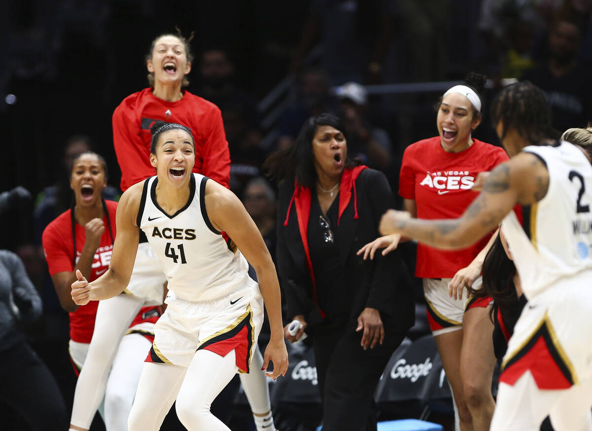 Las Vegas Aces center Kiah Stokes (41) reacts after hitting a 3-point basket during overtime of ...