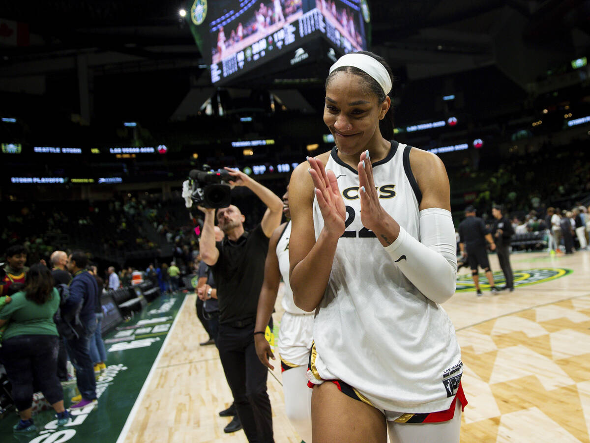 Las Vegas Aces forward A'ja Wilson (22) claps after winning Game 3 of a WNBA basketball semifin ...
