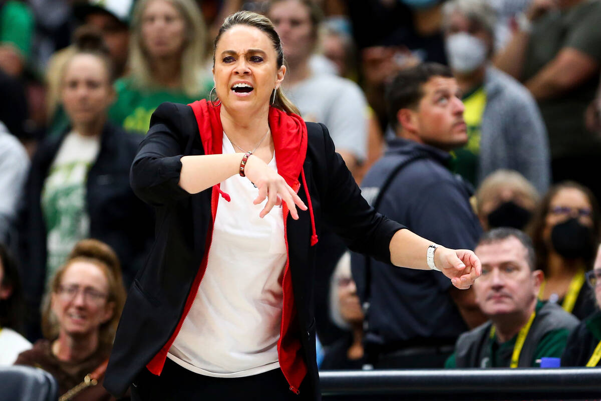 Las Vegas Aces head coach Becky Hammon reacts during overtime in Game 3 of a WNBA basketball se ...