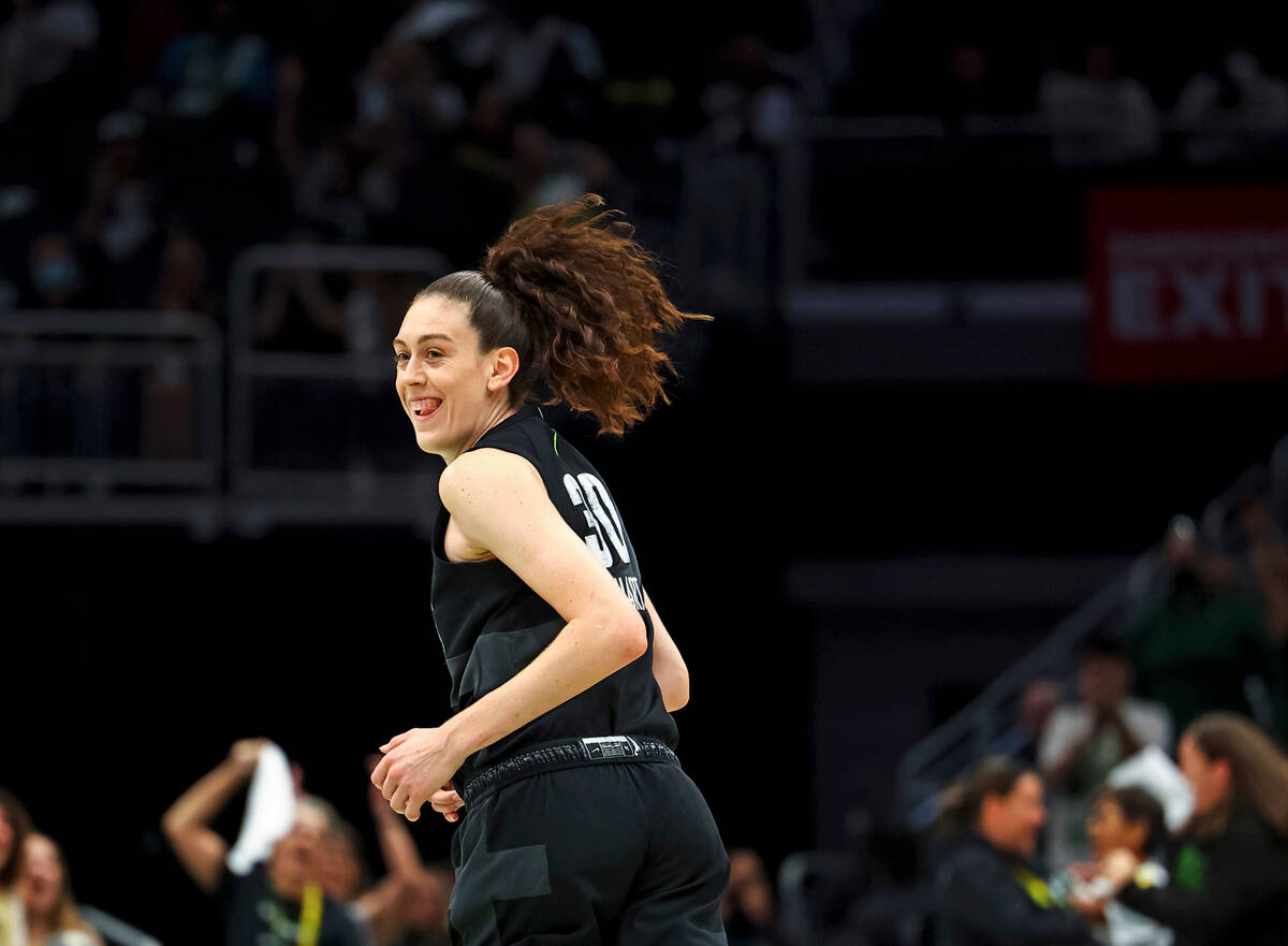Seattle Storm forward Breanna Stewart (30) reacts after hitting a three-point basket during the ...