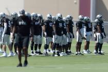 Raiders defenders warm up during practice at the Intermountain Healthcare Performance Center on ...