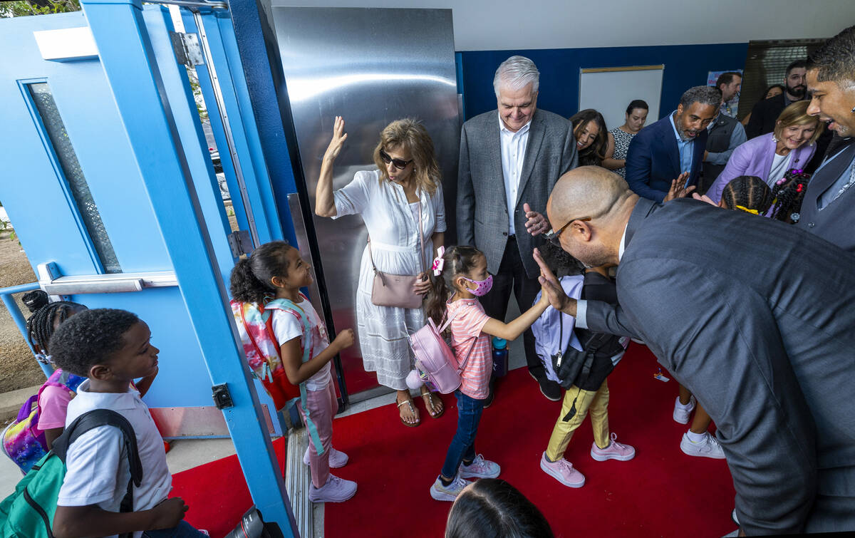 (From left) Nevada Youth Network's Gloria Flores, Gov. Steve Sisolak and Attorney General Aaron ...