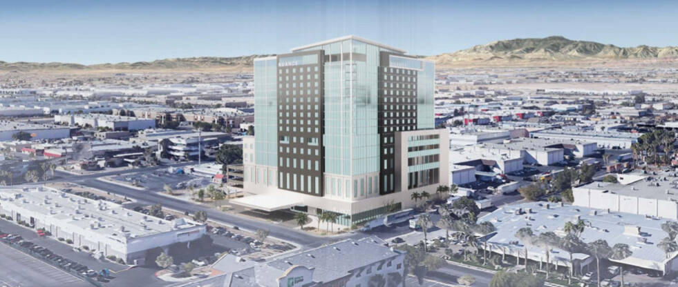 An artist's rendering of a proposed hotel near Allegiant Stadium in Las Vegas. (Clark County Bu ...