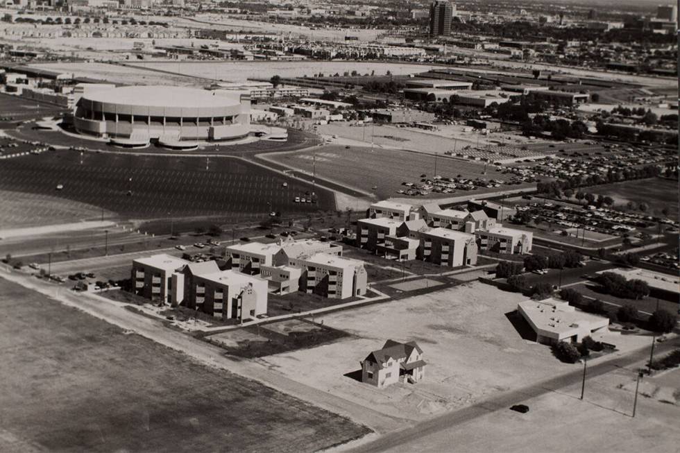 An aerial view of the Thomas and Mack Center and the dormitories at the University of Nevada, L ...