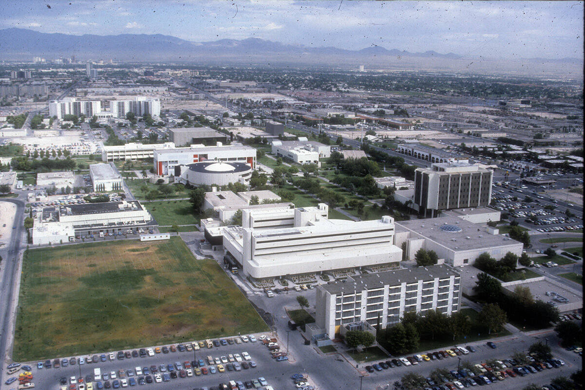 Aerial view, looking north, of University of Nevada, Las Vegas campus. Tonopah residence hall i ...