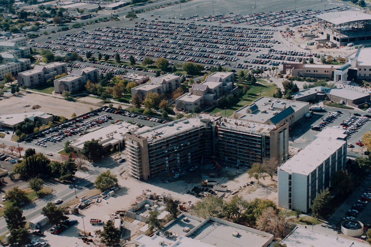 An aerial view of the UNLV campus looking northeast in the early 2000s. At the top of the image ...