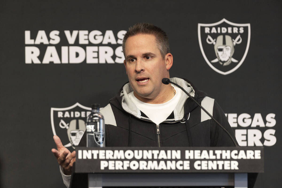 Raiders head coach Josh McDaniels speaks during a news conference at the Intermountain Healthca ...