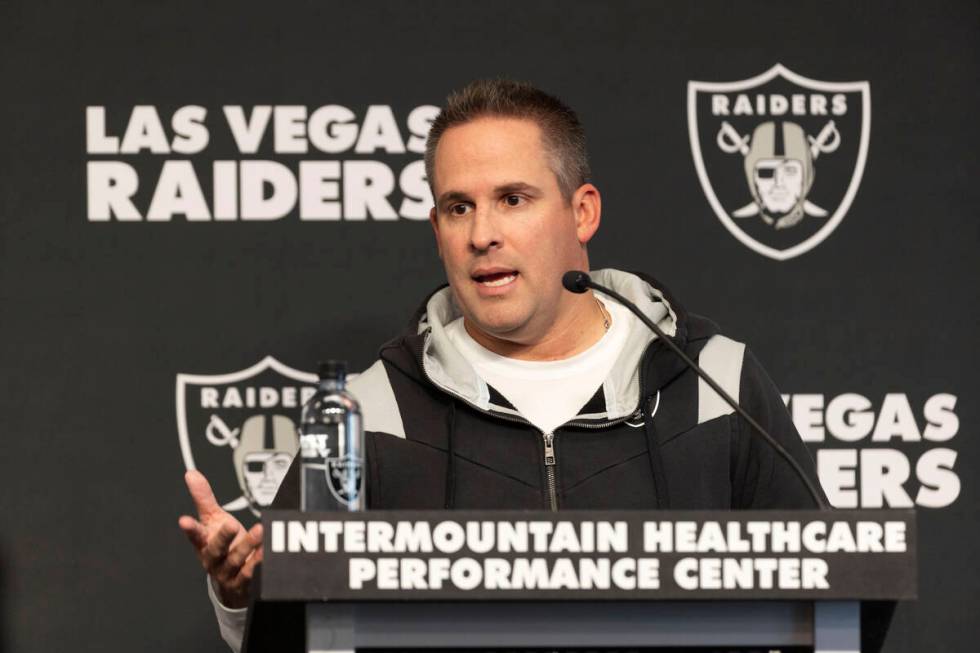 Raiders head coach Josh McDaniels speaks during a news conference at the Intermountain Healthca ...