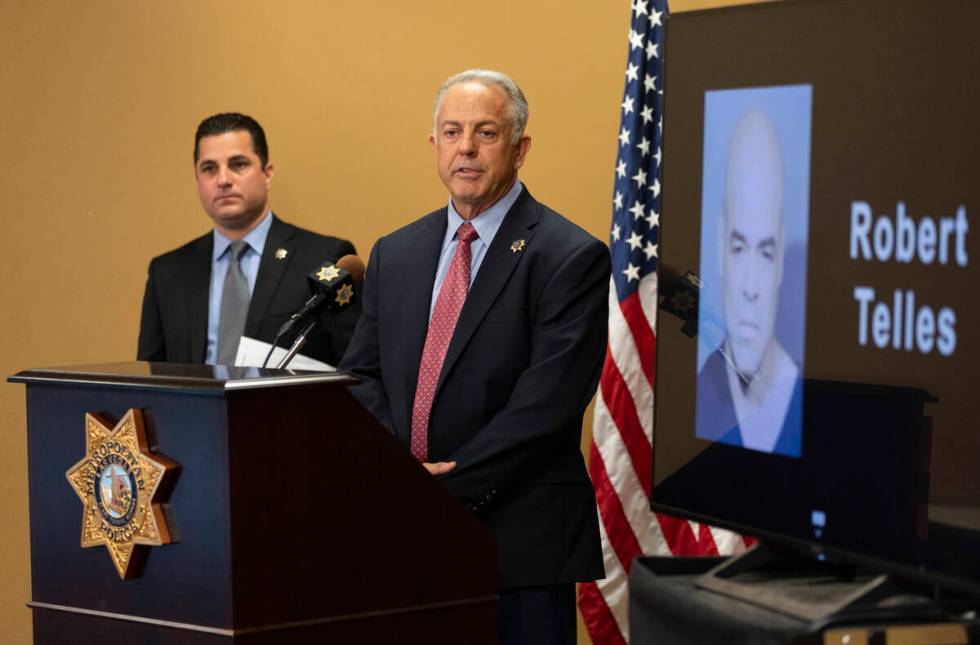 Sheriff Joe Lombardo speaks on the arrest of Robert Telles during a news conference at the Metr ...