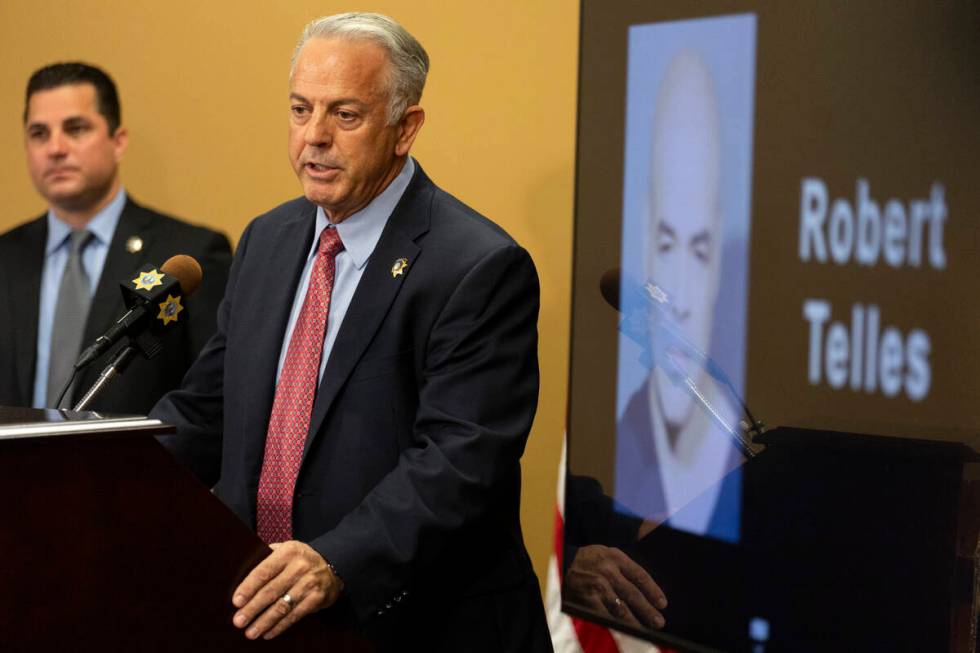 Sheriff Joe Lombardo speaks on the arrest of Robert Telles during a news conference at the Metr ...