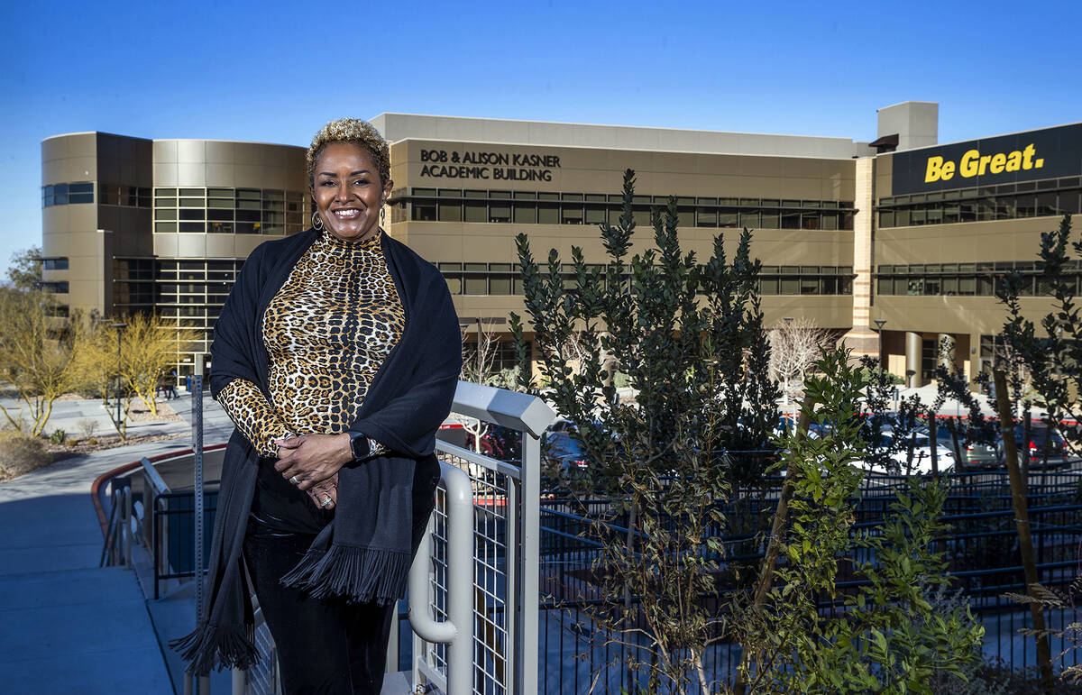 FILE - Nevada State College President DeRionne Pollard in a campus commons area with the Bob an ...