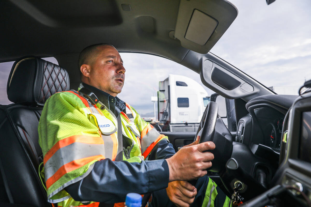 Stephen San Filippo, a supervisor Freeway Service Patrol operator, speaks with the Review-Journ ...