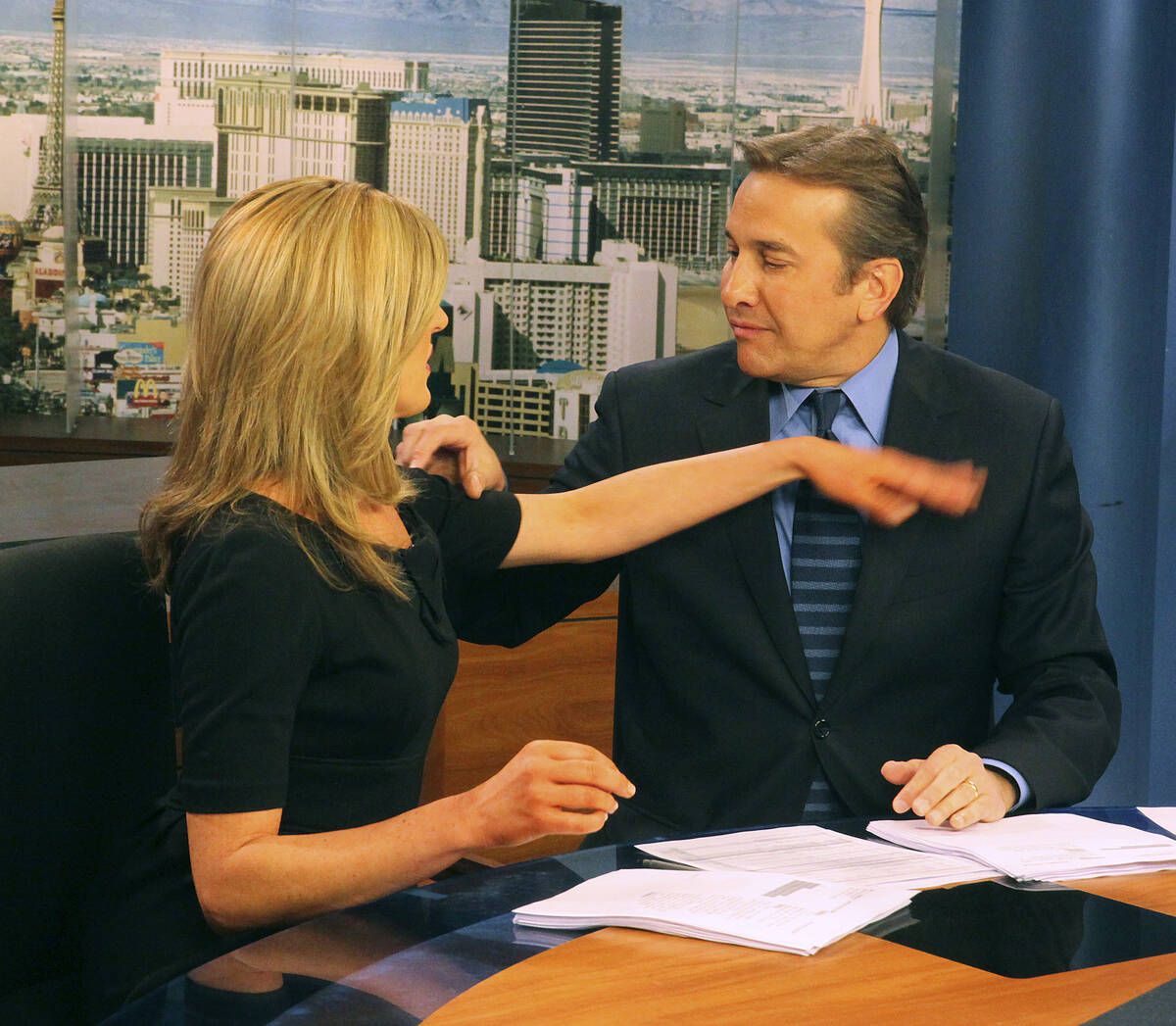Prior to going on the air at the KSNV-TV studio, husband and wife team Kim and Dana Wagner chec ...