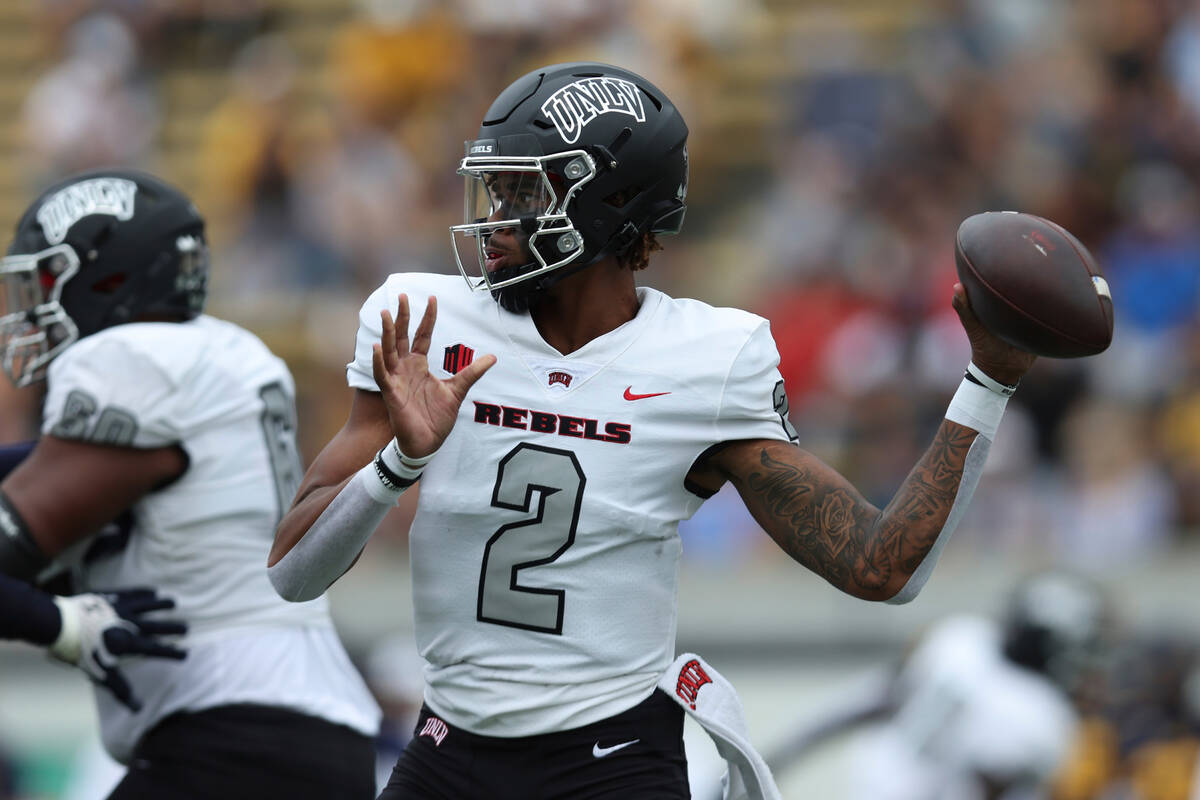 UNLV quarterback Doug Brumfield (2) looks to throw against California during the first half of ...