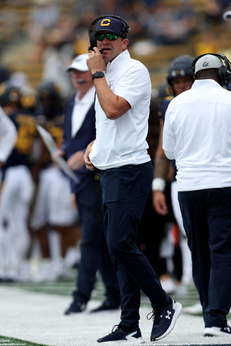 California head coach Justin Wilcox stands on the sideline during the first half of an NCAA col ...