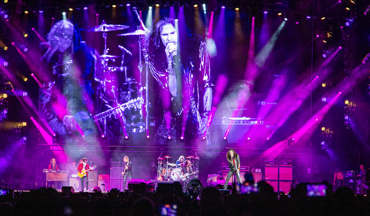 Aerosmith performs for a record crowd of 38,700 at Fenway Park in Boston on Thursday, Sept. 7, ...