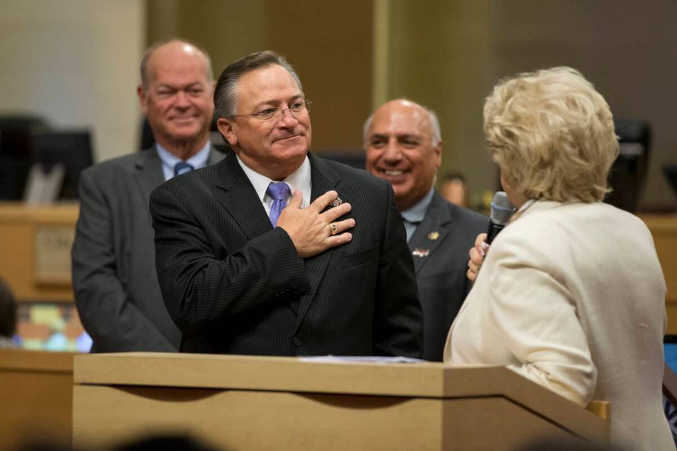 Las Vegas City Councilman Steve Ross, left, and Mayor Carolyn Goodman, during Ross's departure ...