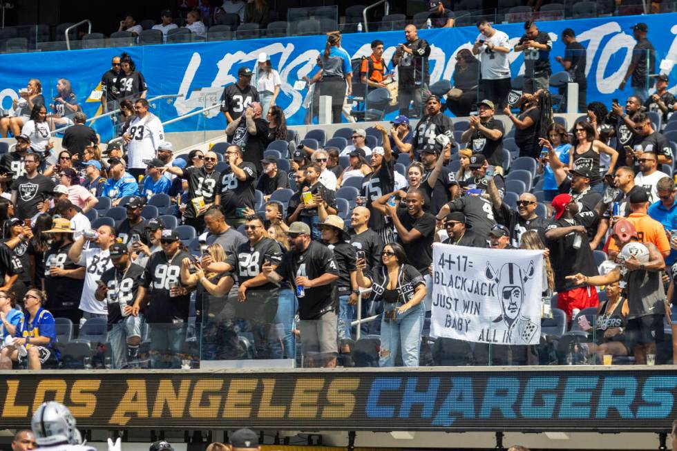 Raiders fans have a heavy presence before an NFL game between the Raiders and the Los Angeles C ...