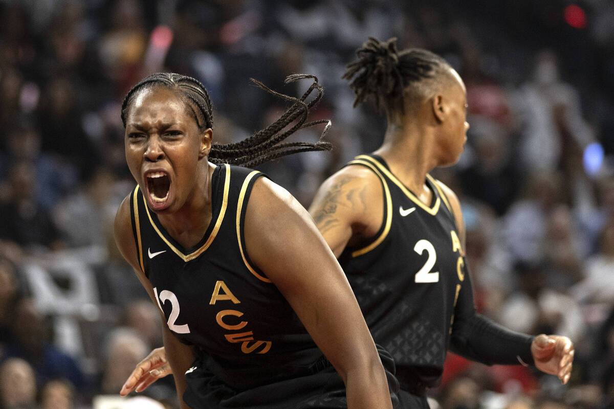 Las Vegas Aces guard Chelsea Gray (12) reacts after referees called a technical foul on her dur ...