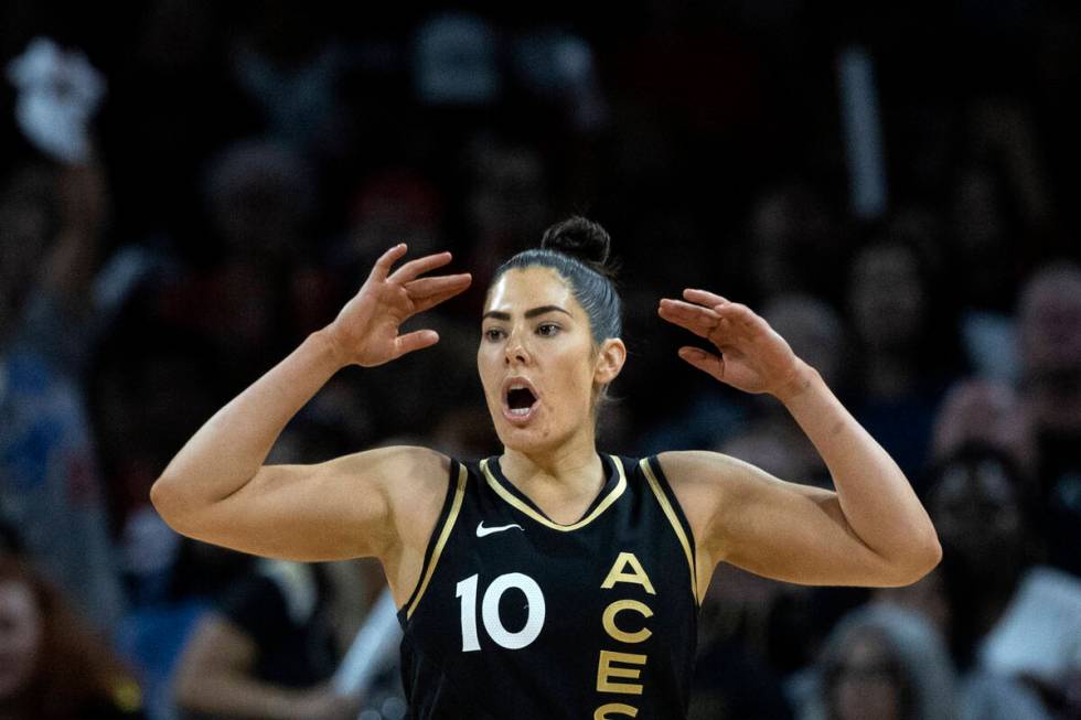 Las Vegas Aces guard Kelsey Plum (10) reacts to a referee’s call during the second half ...