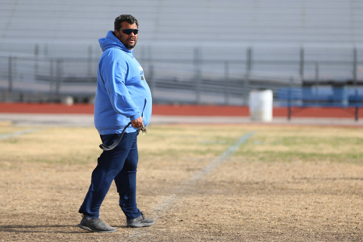Desert Pines' head coach Tico Rodriguez during a team practice at Desert Pines High School in L ...